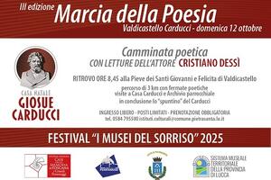 Festival &quot;I Musei del Sorriso&quot;: La &quot;Marcia della Poesia. Poesie in cammino&quot; a Pietrasanta domenica 12 ottobre,  dopo il rinvio dell&#039;evento per maltempo. Appuntamento con letture di Cristiano Dessì la visita della casa natale di Carducci