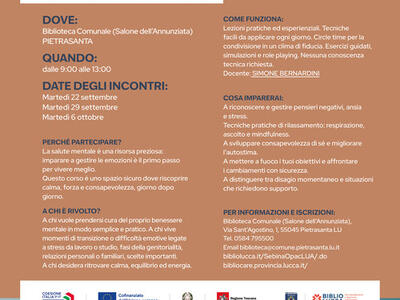 Bibliocare: a Pietrasanta due corsi gratuiti dedicati al benessere mentale e alle competenze relazionali